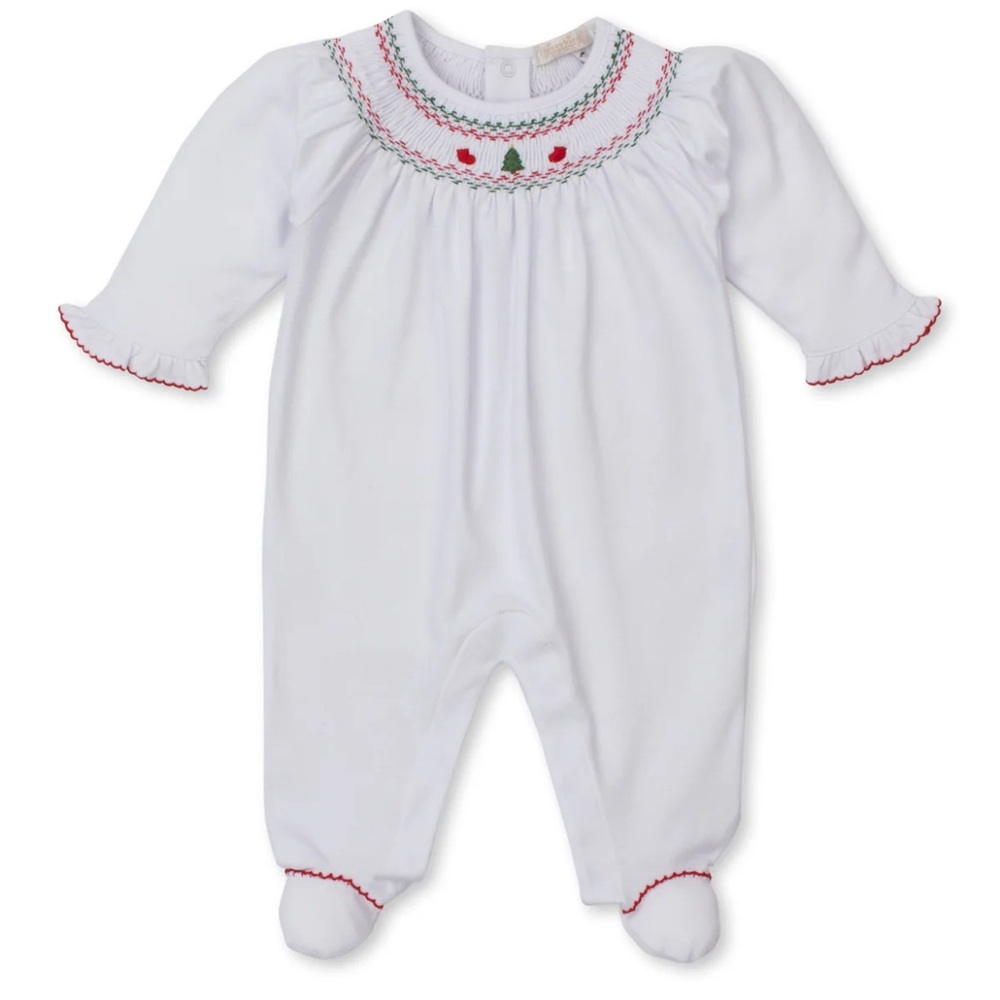 Kissy Kissy CLB Holiday Medley 25 Christmas Tree White Hand Smocked Footie